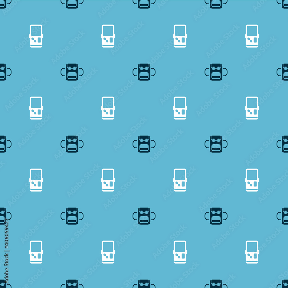 Poster set school backpack and tetris on seamless pattern. vector.