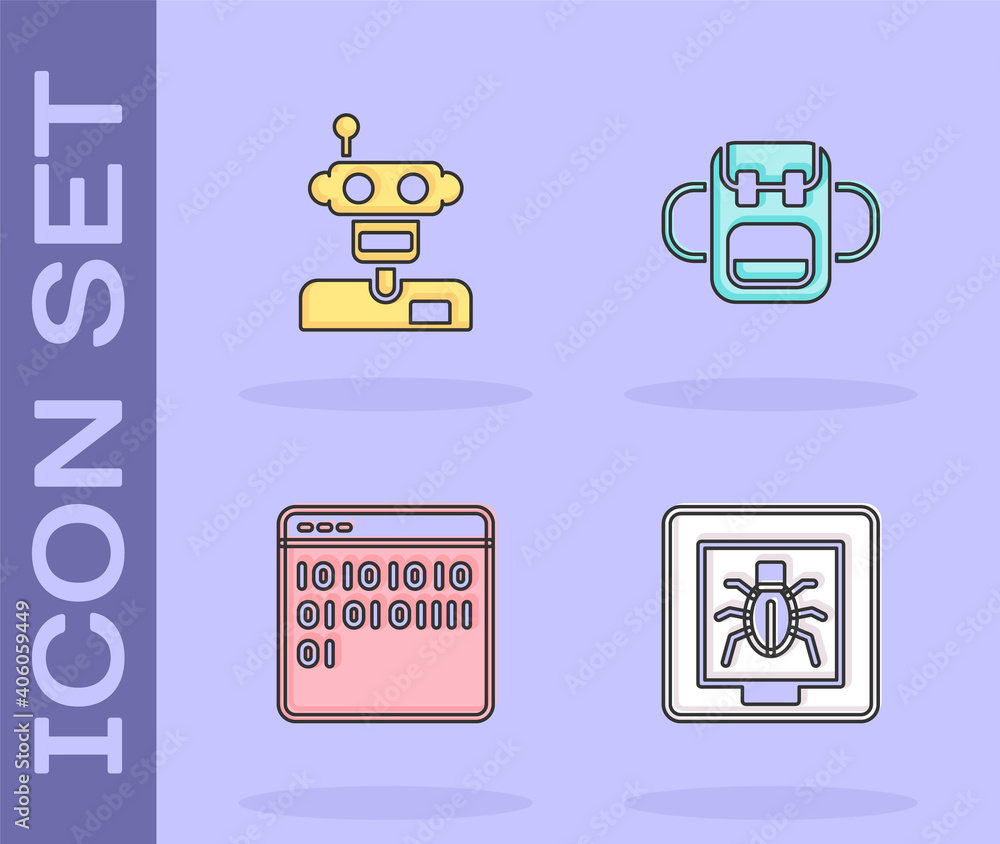 Poster set insects in a frame, robot, binary code and school backpack icon. vector.