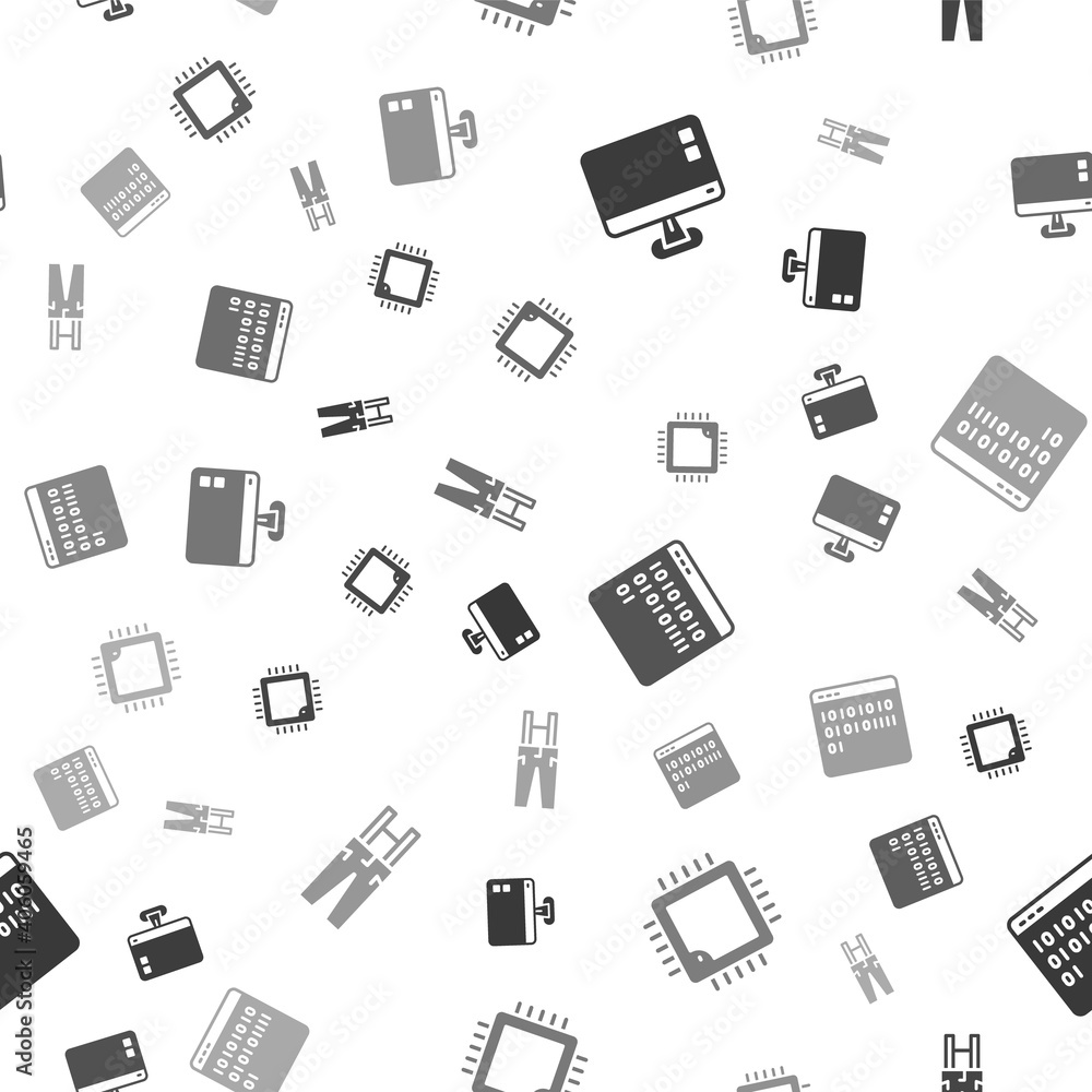 Poster set computer monitor screen, processor with cpu, binary code and pants suspenders on seamless patter