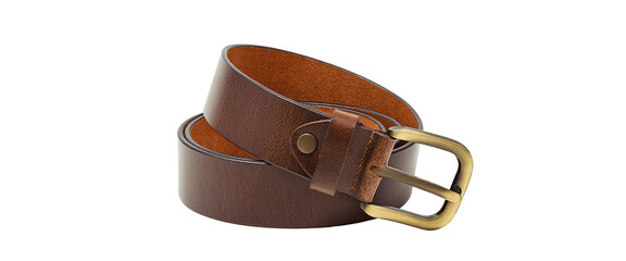 A rolled-up brown leather belt with a metal buckle on a white background is isolated.