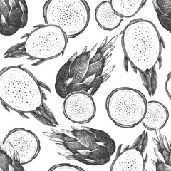 Hand drawn dragon fruit seamless pattern. Organic fresh food vector illustration. Retro pitaya fruit background.