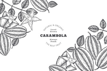 Hand drawn sketch style carambola banner. Organic fresh fruit vector illustration. Retro fruit design template