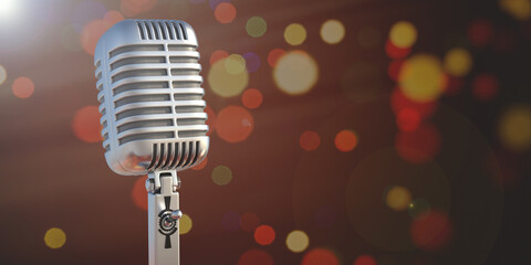 Retro microphone, blur bokeh background. 3d illustration