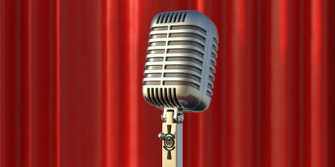 Retro microphone against blur red curtain background. 3d illustration