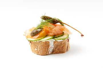 Smoked salmon with cucumber and bread, one bite appetite