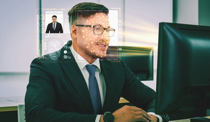 Facial recognition technology scan and detect people face for identification . Future concept interface showing digital biometric security system that analyze human face to verify personal data .