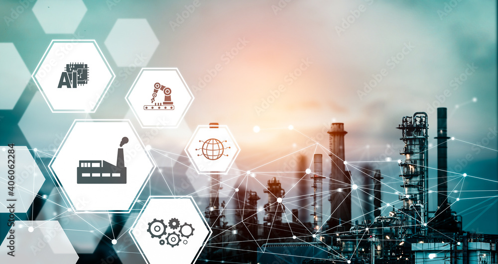 Poster industry 4.0 technology concept - smart factory for fourth industrial revolution with icon graphic s