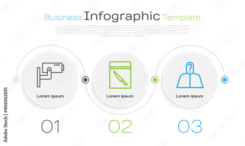 Poster set line security camera, evidence bag and knife and anonymous with question mark. business infograp