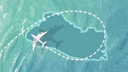 airplane flying on El salvador Map Travel visit discover El salvador 8K illustration.