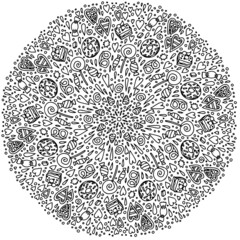 mandala lined doodle valentine love shell star cake sweet donut candy coloring book page black and white background
