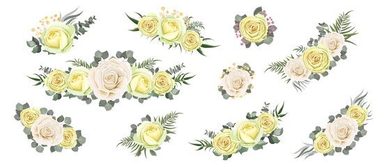 Collection of flower compositions. Beige roses, eucalyptus, various plants and flowers, gypsophila