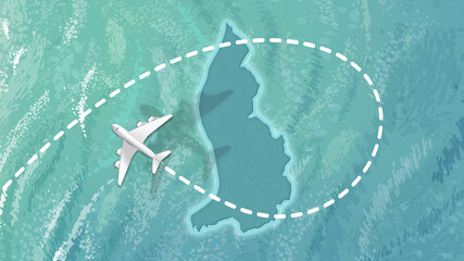  airplane flying on Liechtenstein Map Travel visit discover Liechtenstein 8K illustration.