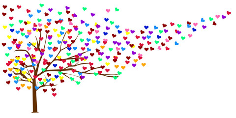 Illustration abstract isolated white background. Romantic tree colorful. Love of LGBTH. Tree of love heart blown with the wind. Valentine's day concept.