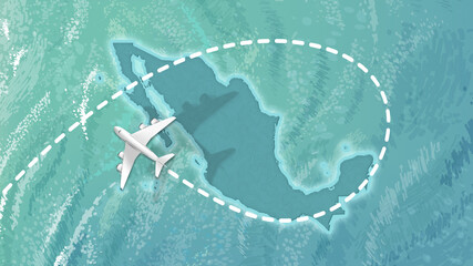  airplane flying on Mexico Map Travel visit discover Mexico 8K illustration.