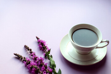Bouquet of purple wildflowers with a cup of tea on a pastel background, side view, space for text