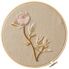 Embroidery of a flower on a round hoop on a white background