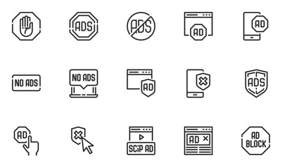 Set of No Ads Vector Line Icons. Ads Blocking, Advertisement Blocking sign. Editable Stroke. 48x48 Pixel Perfect.