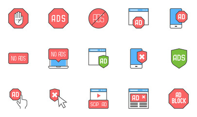 Set of No Ads Vector Icons. Ads Blocking, Advertisement Blocking sign. Editable Stroke. 48x48 Pixel Perfect.
