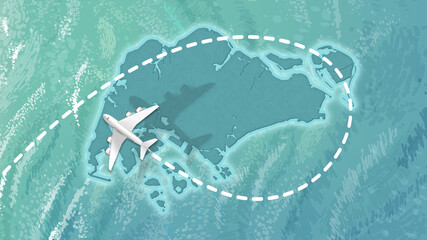  airplane flying on singapore Map Travel visit discover Singapore 8K illustration.