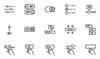 Set of UI Elements Vector Line Icons. User Interface Elements for Websites and Mobile Apps. Check Box, Slider, Button. Editable Stroke. 48x48 Pixel Perfect.