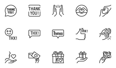 Set of Thanks Vector Line Icons. Thank You, Thankfulness, Gratitude, Appreciation. Thx Speech Bubble. Editable Stroke. 48x48 Pixel Perfect.