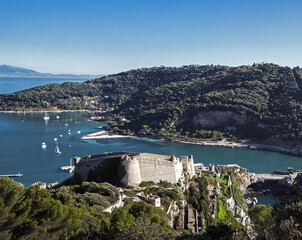 Aerial view of Poet gulf and Doria Castle in Portovenere, La Spezia