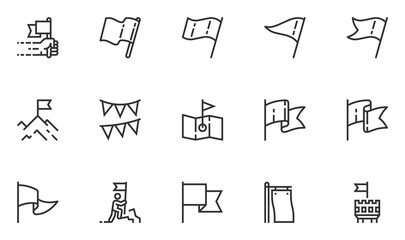 Set of Flag Vector Line Icons. Map with a Flag, Bannerman, Watchtower. The Man Who Reaches The Top Sets The Flag. Editable Stroke. Pixel Perfect.