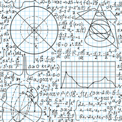 Mathematical vector seamless pattern with handwritten algebra formulas on a grid copybook background