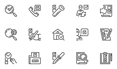 Set of Vector Line Icons Related to Expertise. Inspection, Examination, Analysis, Testing. Editable Stroke. 48x48 Pixel Perfect.