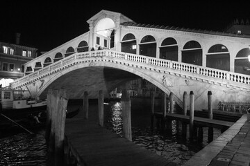 Venice, Italy, January 27, 2020 evocative black and white image of the Rialto Bridge, one of the most 
famous symbols of the city