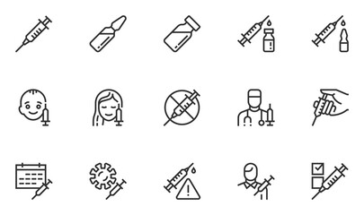 Set of Vector Line Icons Related to Vaccine. Vaccination of Children and Adults, Injection, Medical Syringe, Ampoule. Editable Stroke. Pixel Perfect. 48x48 Pixel Perfect.