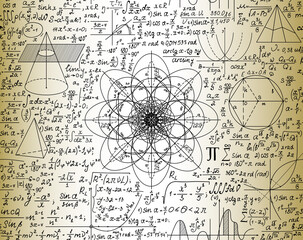 Scientific vector seamless pattern with mathematical and physical formulas, "handwriten on the old paper" effect 