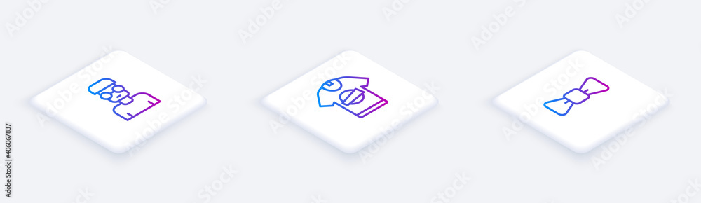 Poster set isometric line nerd geek, t-shirt and bow tie. white square button. vector.