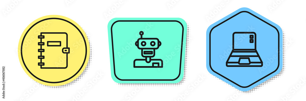 Poster set line spiral notebook, robot and laptop. colored shapes. vector.