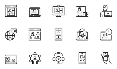 Set of Vector Line Icons Related to Online Meeting and Video Conference. Work from Home. Webcam Group Conference with Coworkers. Online Group Videoconference. Editable Stroke. 48x48 Pixel Perfect.