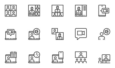 Set of Vector Line Icons Related to Online Meeting and Video Conference. Work from Home. Webcam Group Conference with Coworkers. Online Group Videoconference. Editable Stroke. 48x48 Pixel Perfect.
