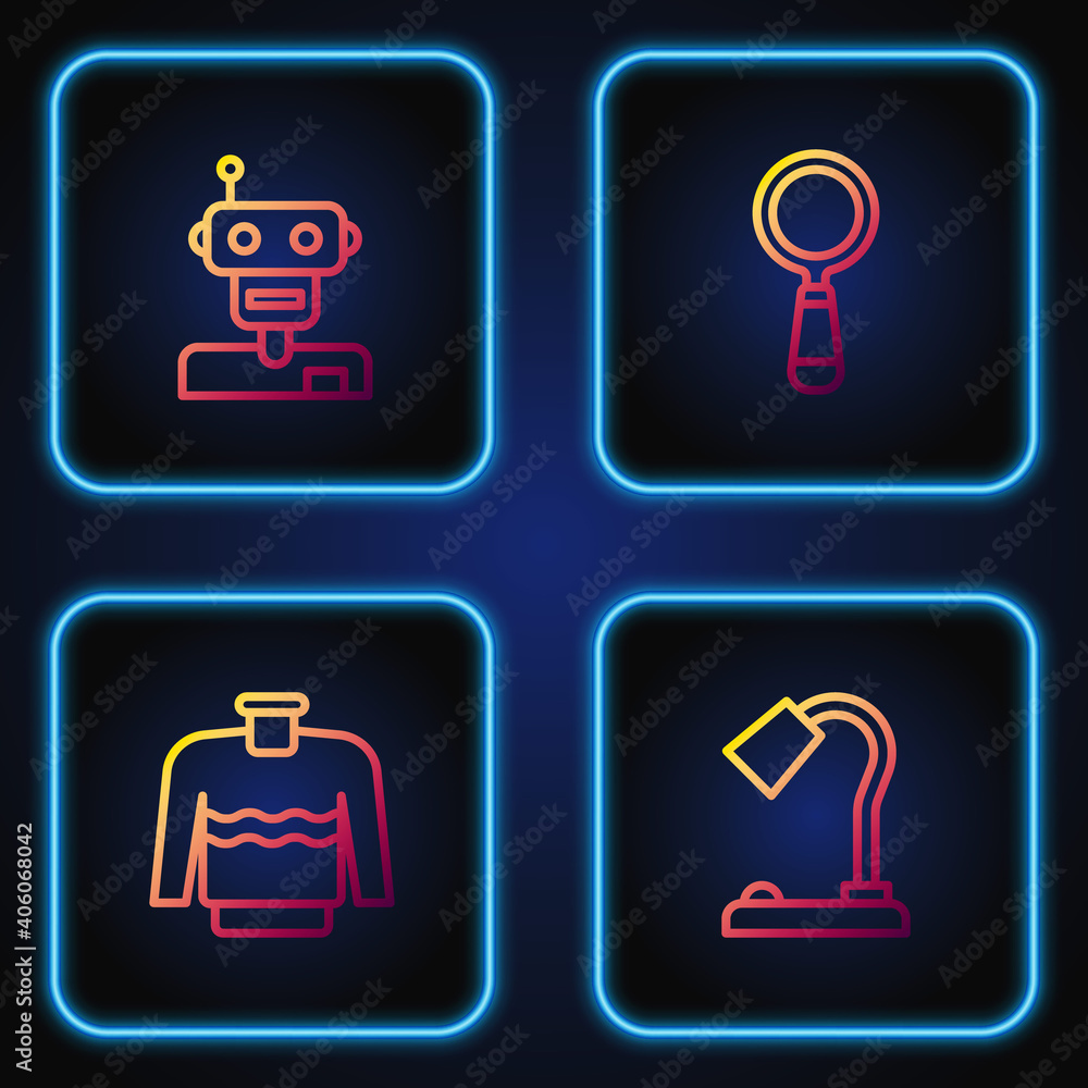 Aufkleber set line table lamp, sweater, robot and magnifying glass. gradient color icons. vector.