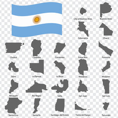 Twenty four Maps  Provinces of Argentina - alphabetical order with name. Every single map of Province are listed and isolated with wordings and titles. Argentine Republic. EPS 10.
