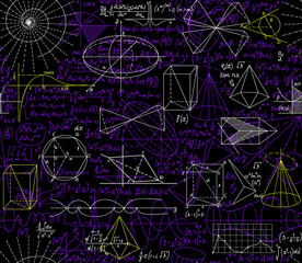 Mathematical vector seamless pattern with handwritten multicolored formulas, figures, equations