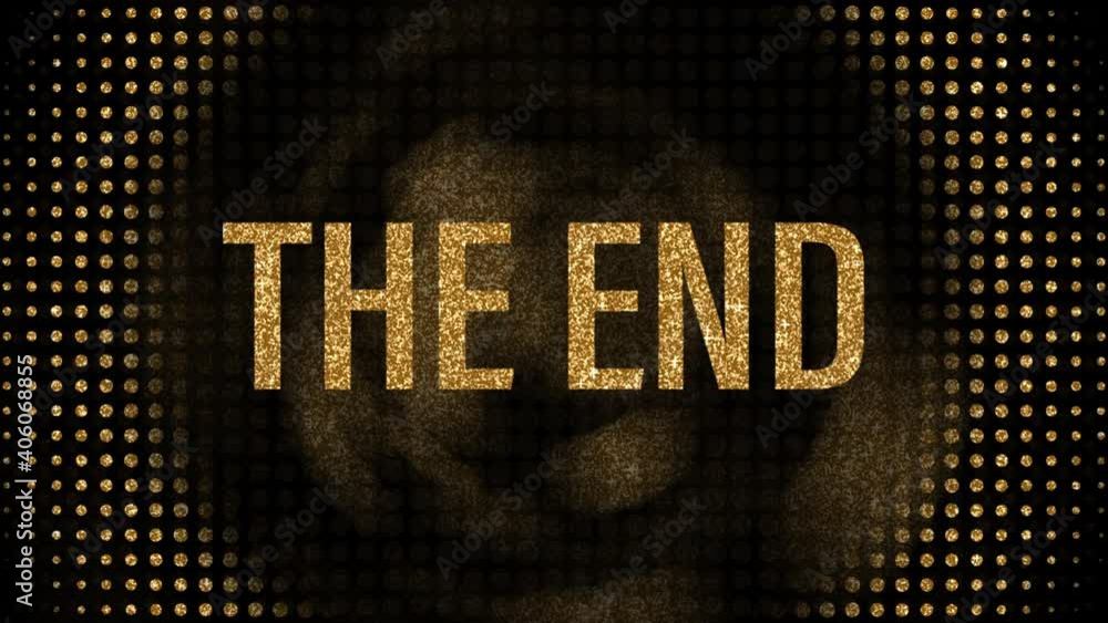 Poster the end golden text animation with gold bokeh burst and spark background. 4k 3d golden glitter light