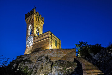 Medieval fortress tower and stair at night, Brisighella, Ravenna Italy