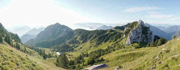 Wendelstein Mountain and Green hiking landscapes in the Bavarian Alps of South Germany.