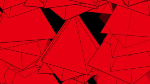Isolated black background. Futuristic technology design. Rotating and moving red pyramids. Close-up. 3D illustration. Side view.