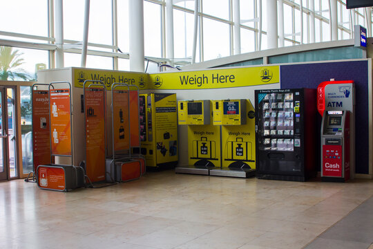 8 July 2020 The empty self weigh in machines in the terminal building at the Liverpool John Lennon Airport, England, during the Corona Virus Crisis 