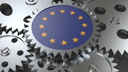 European Union flag with steel manufacturing gears world country economy cooperation 3d render image - obrazy, fototapety, plakaty