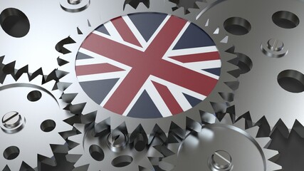 Obraz premium Great Britain flag with steel manufacturing gears world country economy cooperation 3d render image