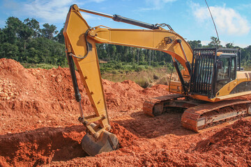 Excavation works on gold mining place in Guyana, South America.