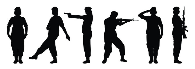 Set of female soldier silhouette vector on white background, person in the battle, military people concept.