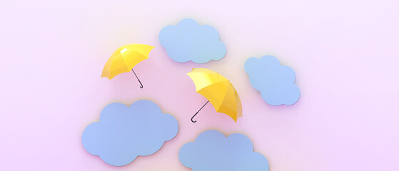 Creative idea inspiration. Umbrella Orange and blue clouds on Purple background and leadership Concept, copy space, banner - 3d rendering