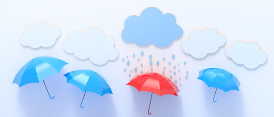 Creative idea inspiration. Umbrella blue - Red and clouds with rain on blue background with Protection Thought Leaders concept - 3d rendering